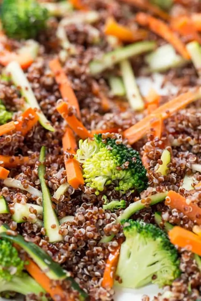 red quinoa stir fry with veggies