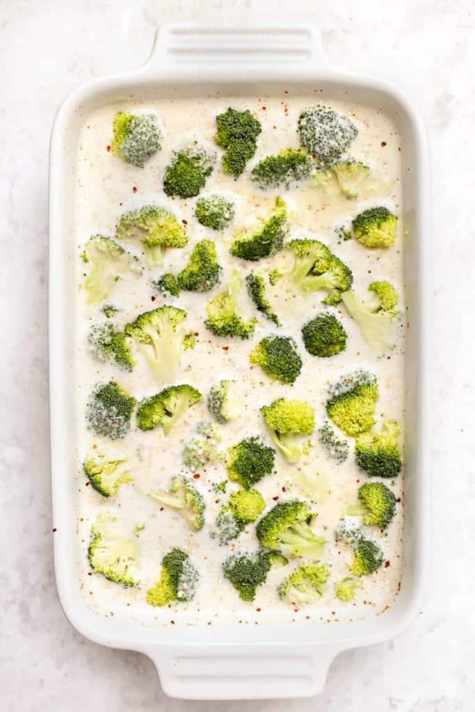 Assembled casserole in the baking dish prior to baking. 