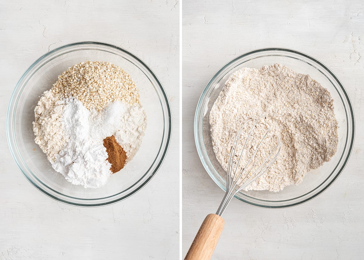 These perfect gluten-free blueberry pancakes are light, fluffy, tart, and sweet, and only take 15 minutes to make! Side by side of various flours and spices in a mixing bowl, and those spices and flours mixed together, with a whisk in the bowl