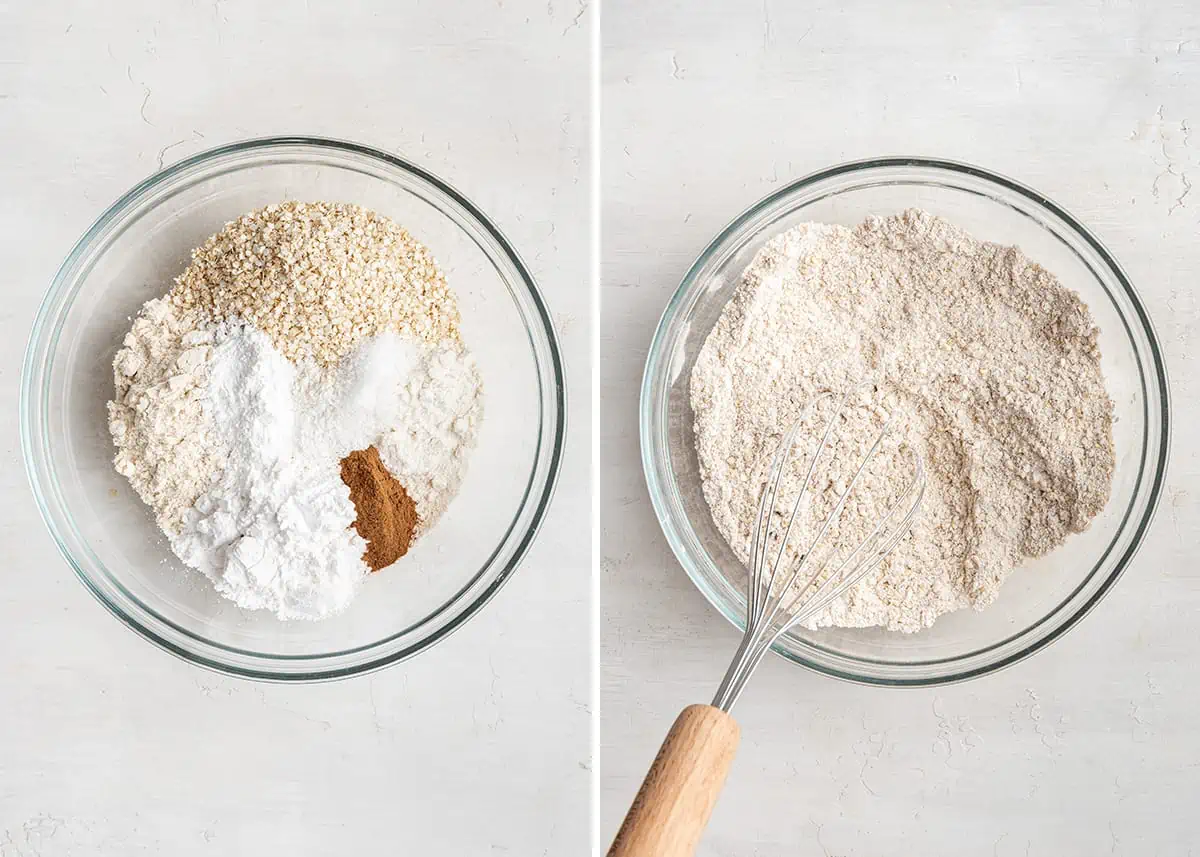 Side by side of various flours and spices in a mixing bowl, and those spices and flours mixed together, with a whisk in the bowl