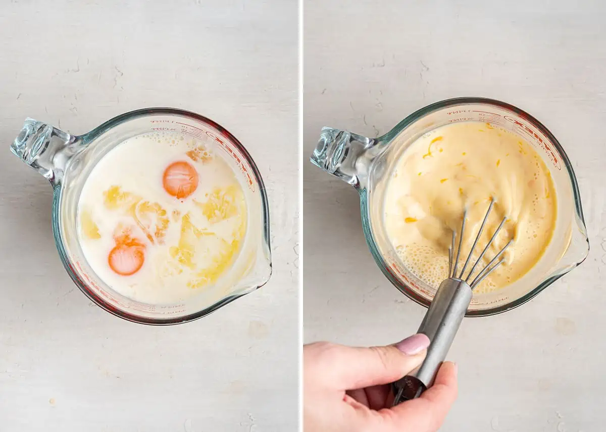 Side by side of eggs and milk in a pyrex, and a hand whisking those ingredients together