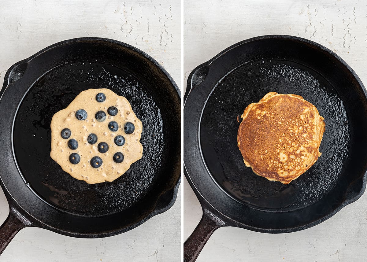 These perfect gluten-free blueberry pancakes are light, fluffy, tart, and sweet, and only take 15 minutes to make! Side by side of an uncooked blueberry pancake in a past iron skillet, and a cooked blueberry pancake in a cast iron skillet