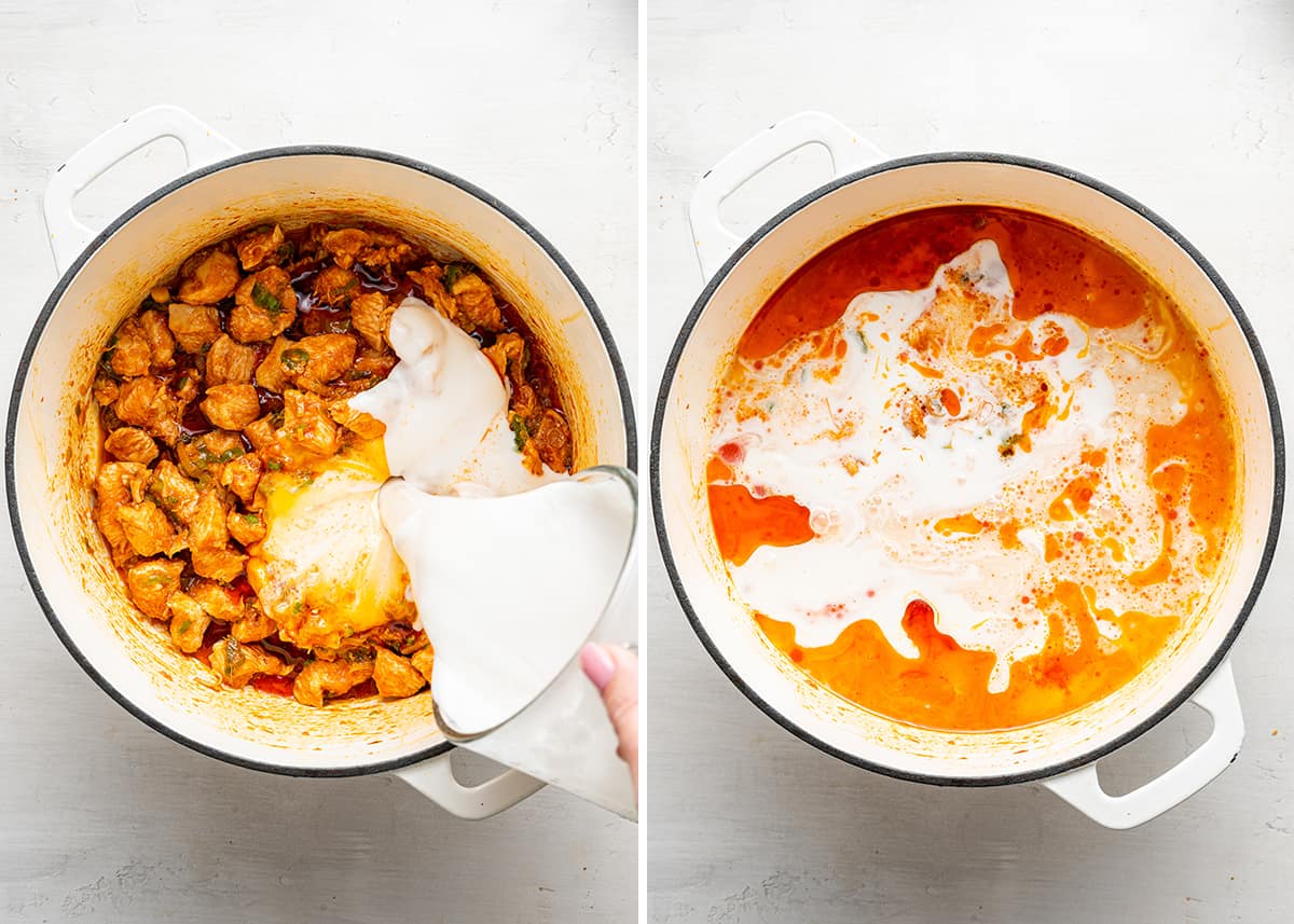 Side by side of a pot with curry chicken in it, and a hand pouring a pyrex of coconut milk into the pot, next to a pot of coconut milk and chicken curry.