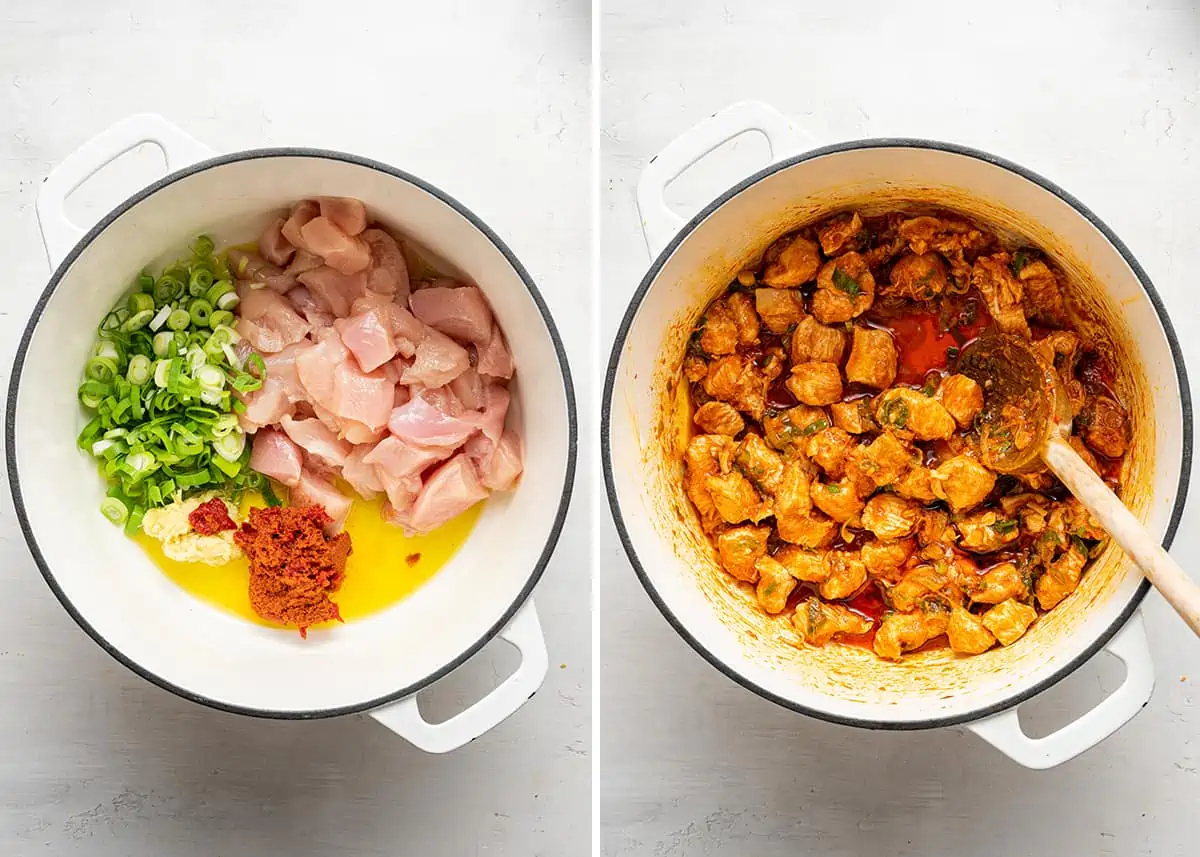 Side by side of a pot with raw chicken, grated ginger, curry paste, green onions, and oil, all raw, next to a pot with those ingredients cooked and mixed together