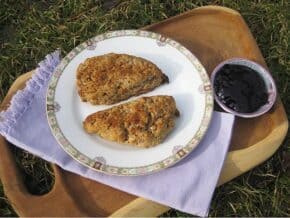 Plate of two mixed berry scones.