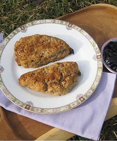 Plate of two mixed berry scones.