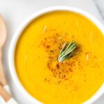 Butternut Squash + Apple Soup -- made with roasted vegetables, rosemary, cinnamon and a ton of other spices! [VEGAN]