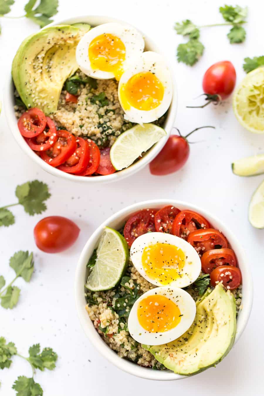 Mexican Quinoa Breakfast Bowls -- with tomato, avocado, soft boiled eggs and cilantro-lime quinoa!
