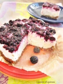 Black raspberry cheesecake with a pecan crust.