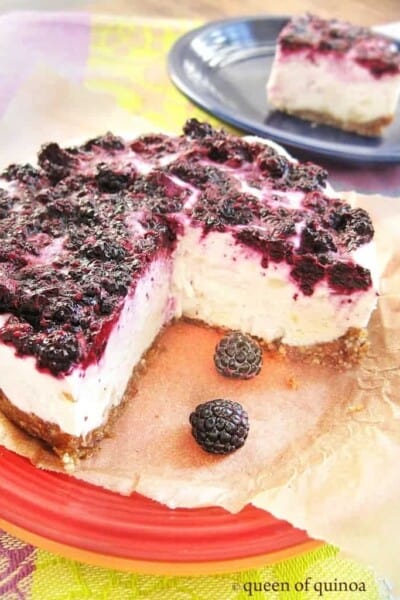 Black raspberry cheesecake with a pecan crust.