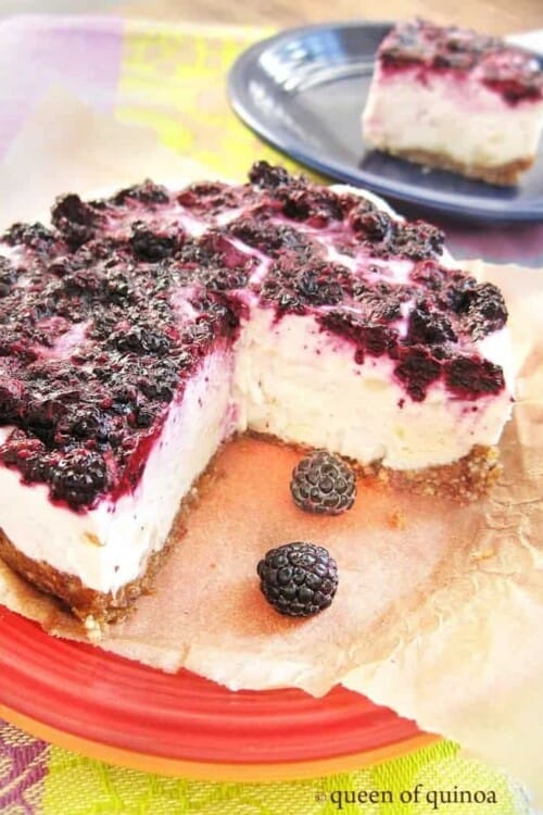 Black raspberry cheesecake with a pecan crust.