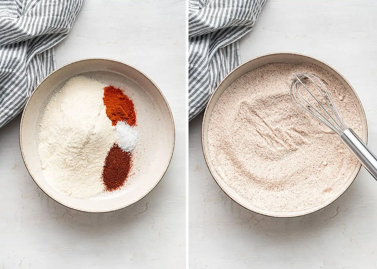 Side by side of a bowl with coconut flour, paprika, chili powder, and kosher salt, unmixed, next to a bowl with the ingredients mixed together, next to a kitchen towel