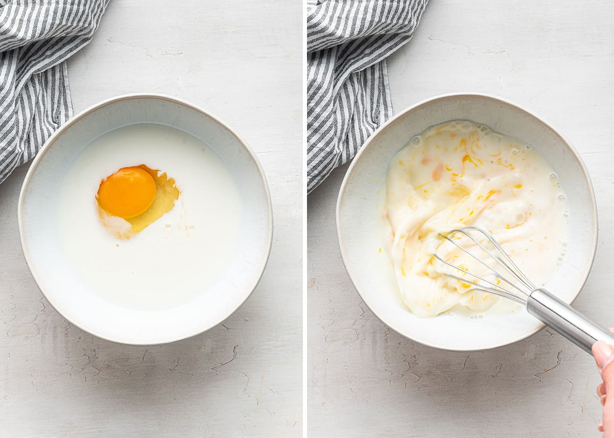 Side by side of a bowl with dairy-free milk and an egg in it, unmixed, next to a bowl with the ingredients being whisked together