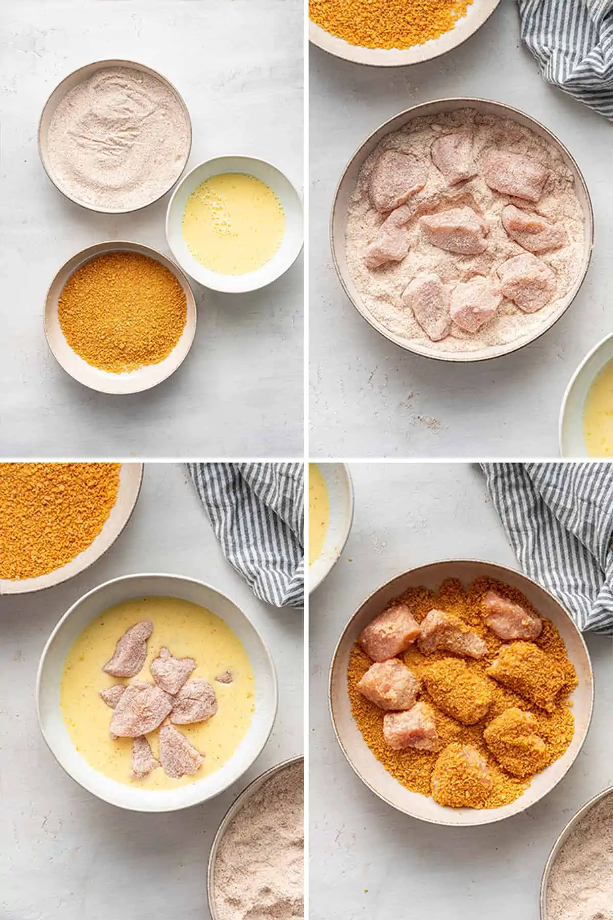 Four images: the first is a bowl of ground up cornflakes, next to a bowl of eggs beat with milk, next to a bowl with season flour; the second is a bowl of chicken breast chunks in the bowl of flour; the third is the chicken chunks, covered in flour, in the egg and mixture, and the fourth is the chicken chunks, covered in the egg mixture, in the bowl of ground cornflakes, covered in them