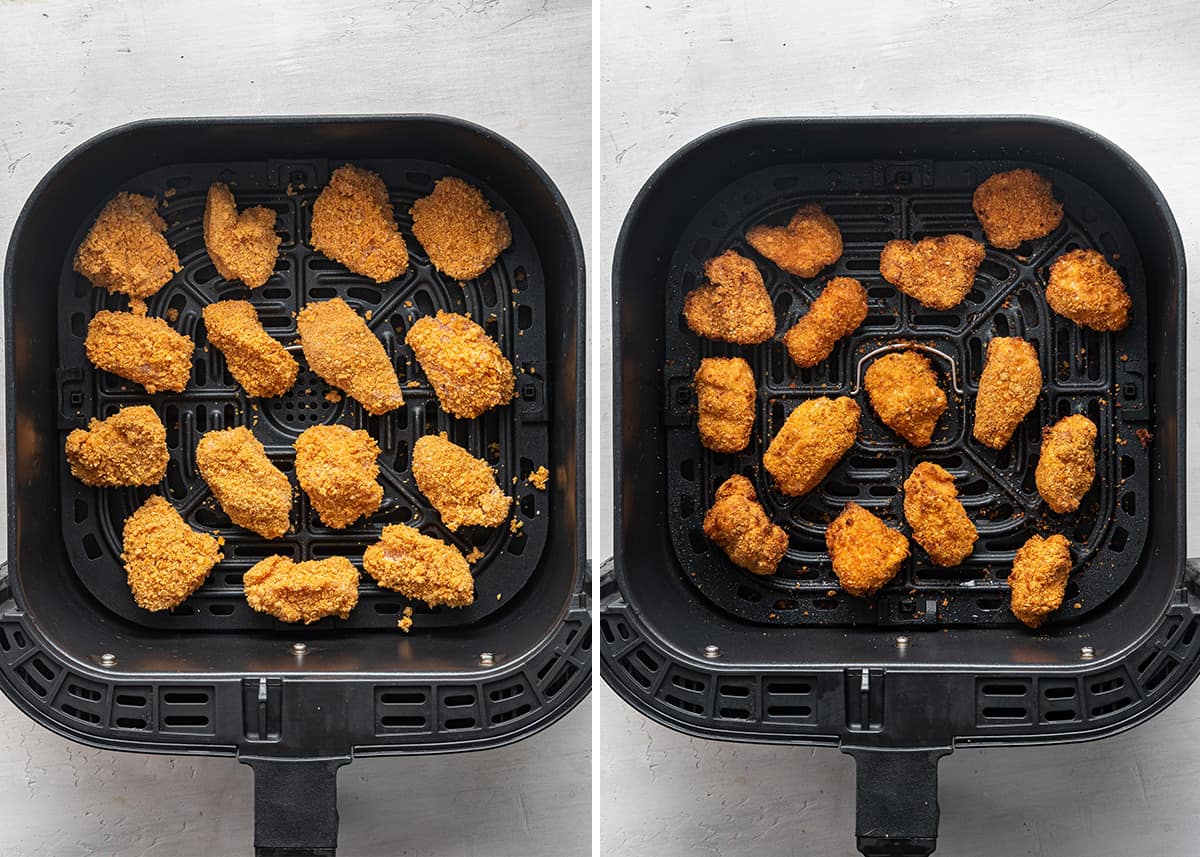 Side by side image of uncooked popcorn chicken in an air fryer basket next to cooked popcorn chicken in an air fryer basket