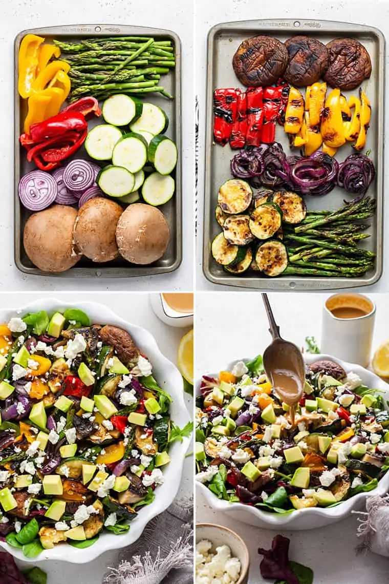 collage of four steps to making grilled vegetable salad with mushrooms, peppers, onions and squash