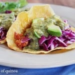 Chicken taco with avocado and onion slices.