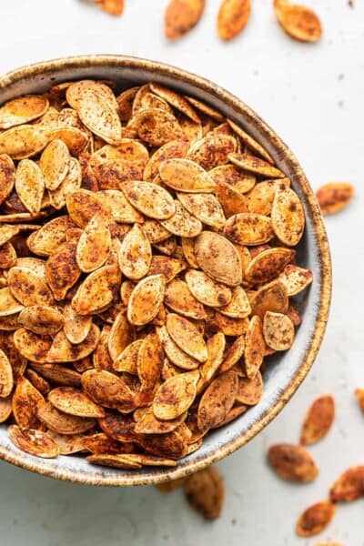 A bowl of chili roasted pumpkin seeds