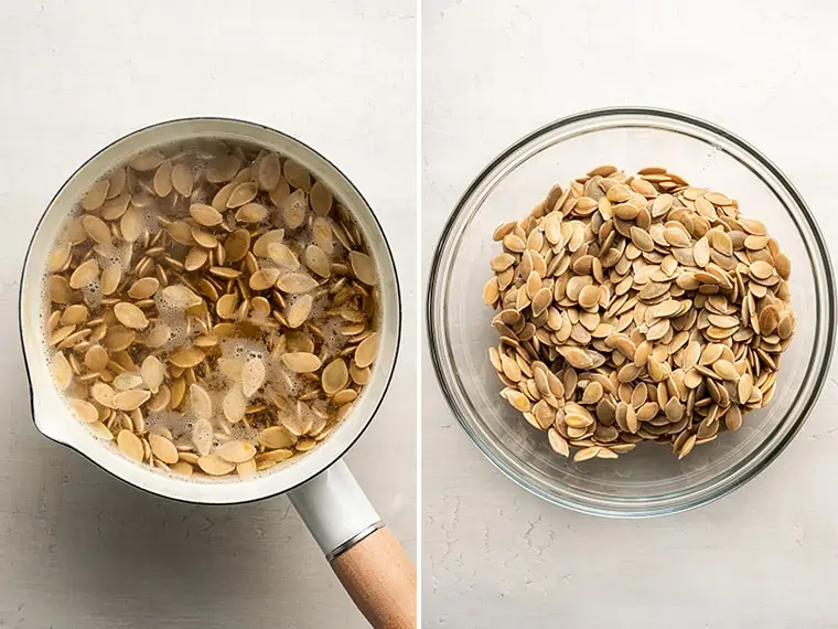 A saucepan with water and pumpkin seeds next to a bowl of boiled pumpkin seeds