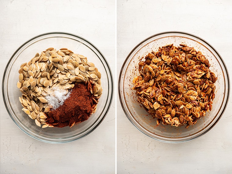 A bowl of pumpkin seeds with seasonings, unstirred, next to a bowl with the seasonings mixed in