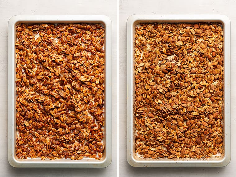 A tray of chili roasted pumpkin seeds unbaked, next to a tray baked