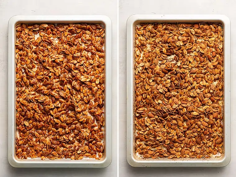 A tray of chili roasted pumpkin seeds unbaked, next to a tray baked