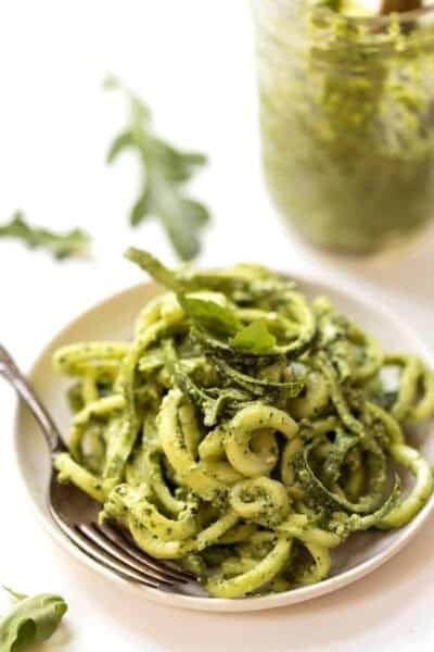 raw zucchini noodles with lime arugula pesto