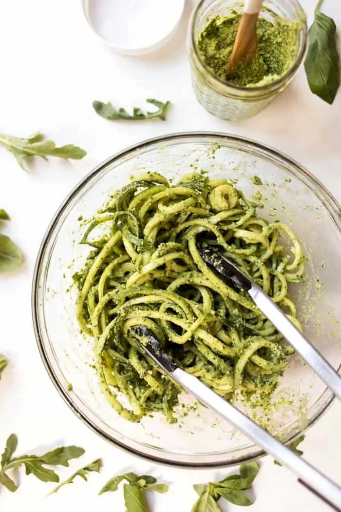 raw zucchini noodles with lime arugula pesto