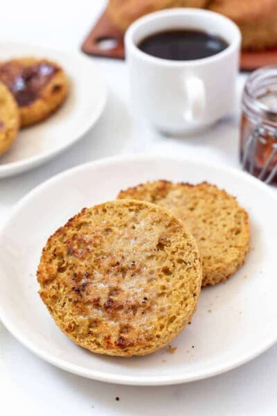 Toasted Gluten-Free English Muffins on plate