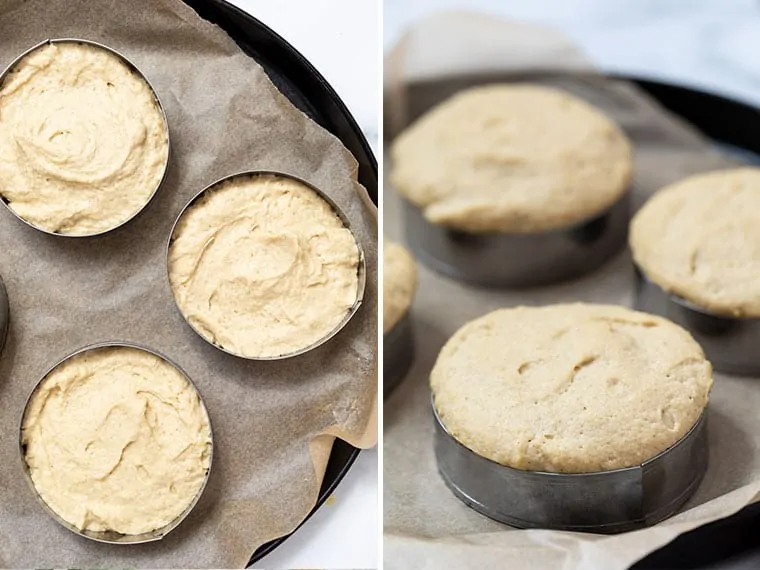 Side-by-side photos showing English muffin dough in rings before and after rising