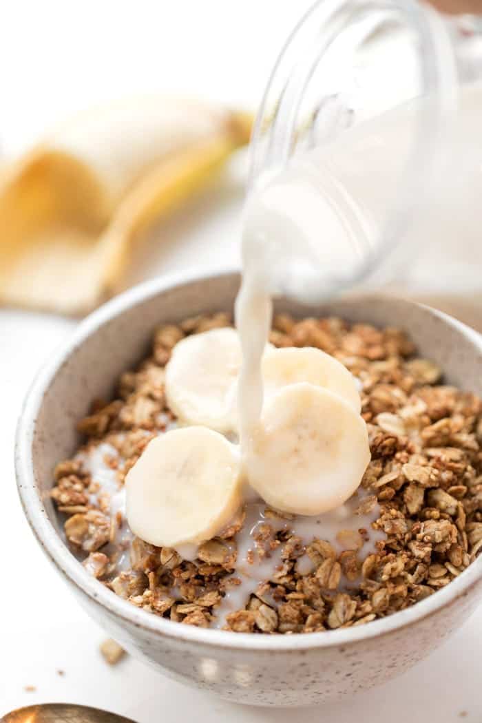 vegan quinoa granola with peanut butter and banana