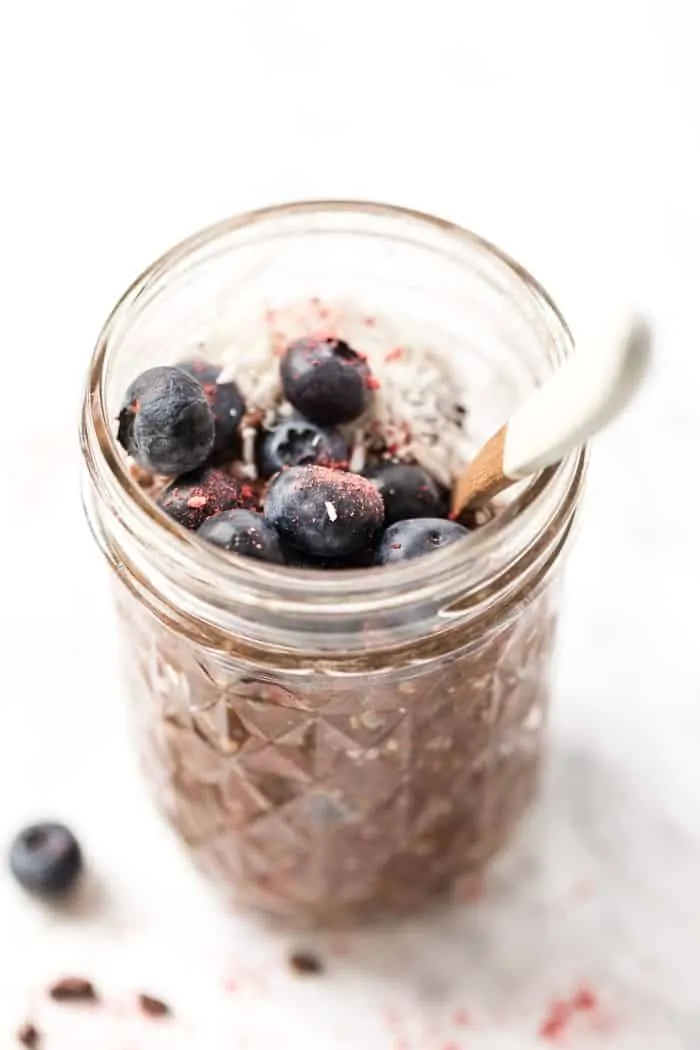 vegan chocolate chia pudding with hemp seeds for extra protein