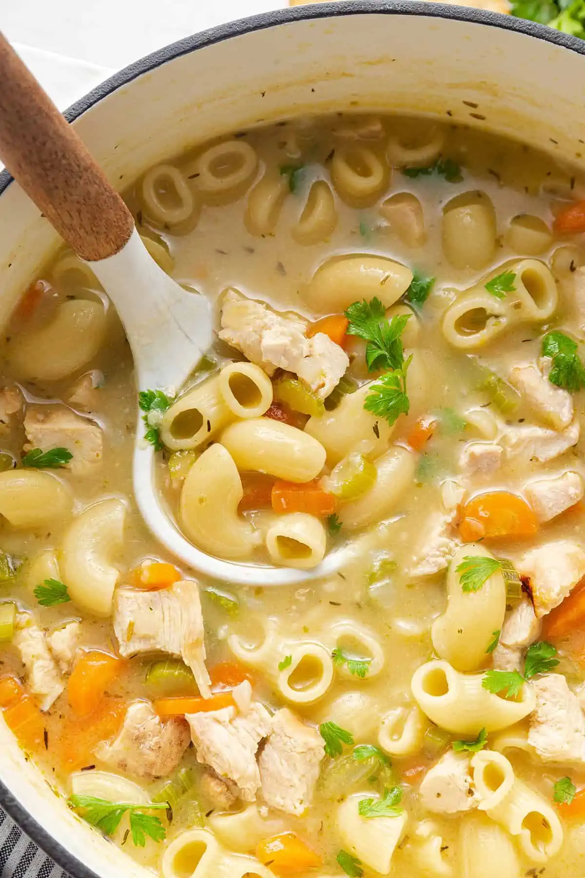 Close up of a wood-handled ladle scooping a serving of chicken noodle soup out of a pot