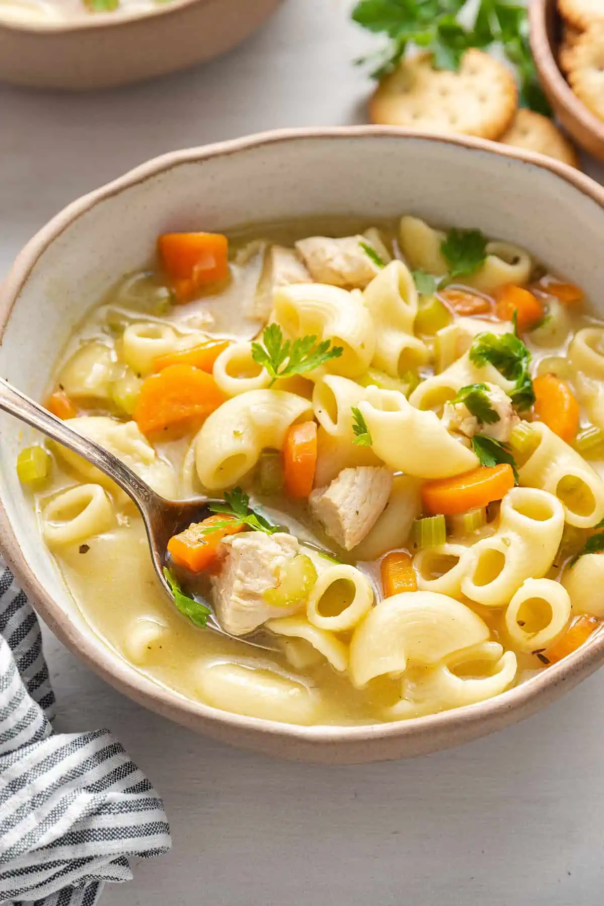 A bowl of chicken noodle soup with a spoon in it