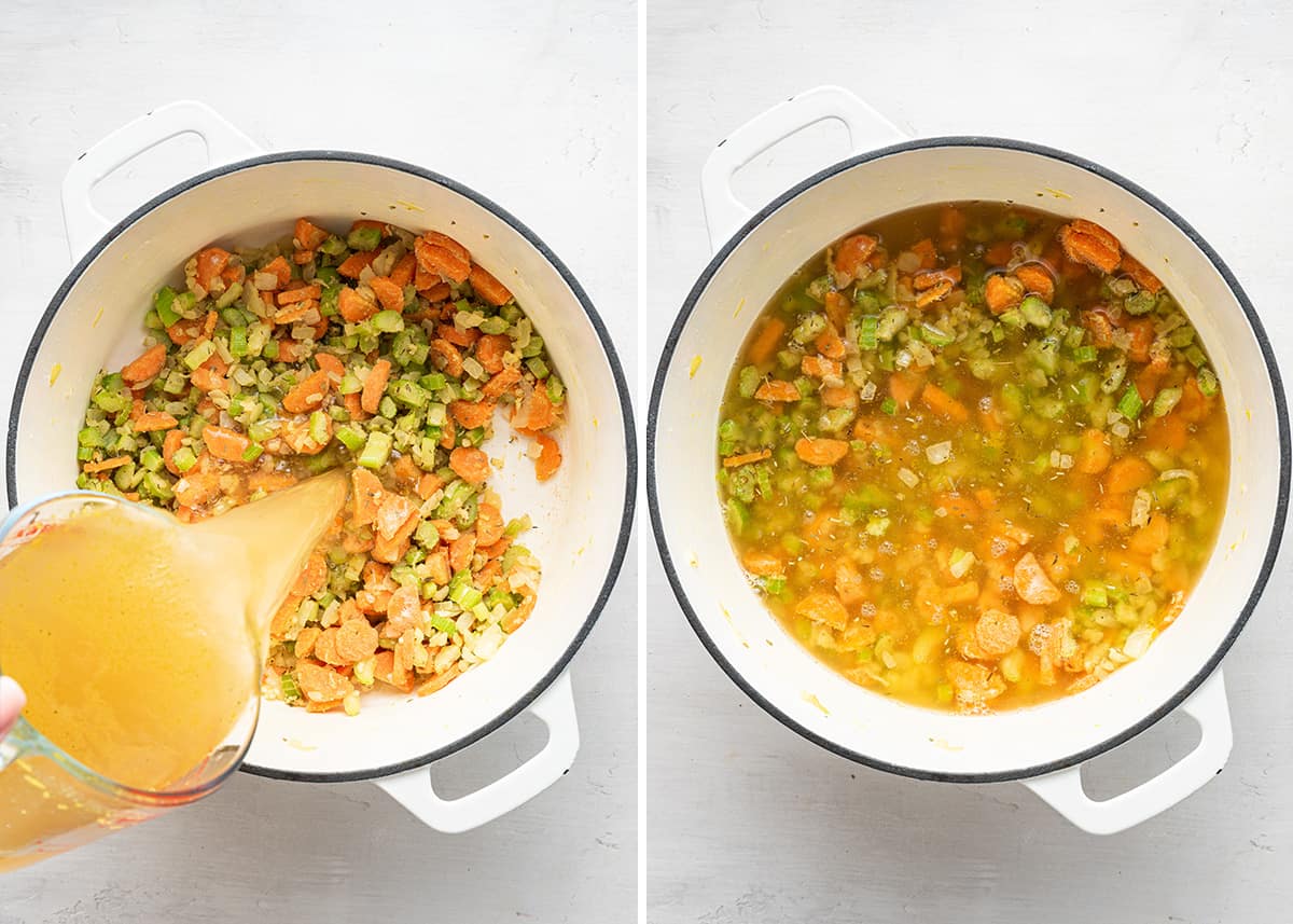 Side by side of a dutch oven with onions, carrots, celery, garlic, and seasonings cooking in a dutch oven while chicken broth is poured in, next to onions, carrots, celery, garlic, seasonings, and chicken broth cooking in a dutch oven