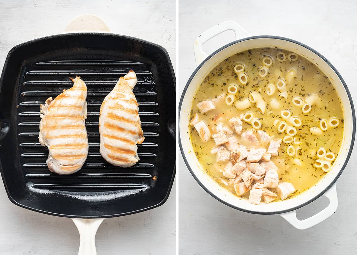 Side by side of a grill pan cooking two chicken breasts, with grill marks, next to a dutch oven filled with soup, with chunks of chicken and uncooked elbow macaroni on top