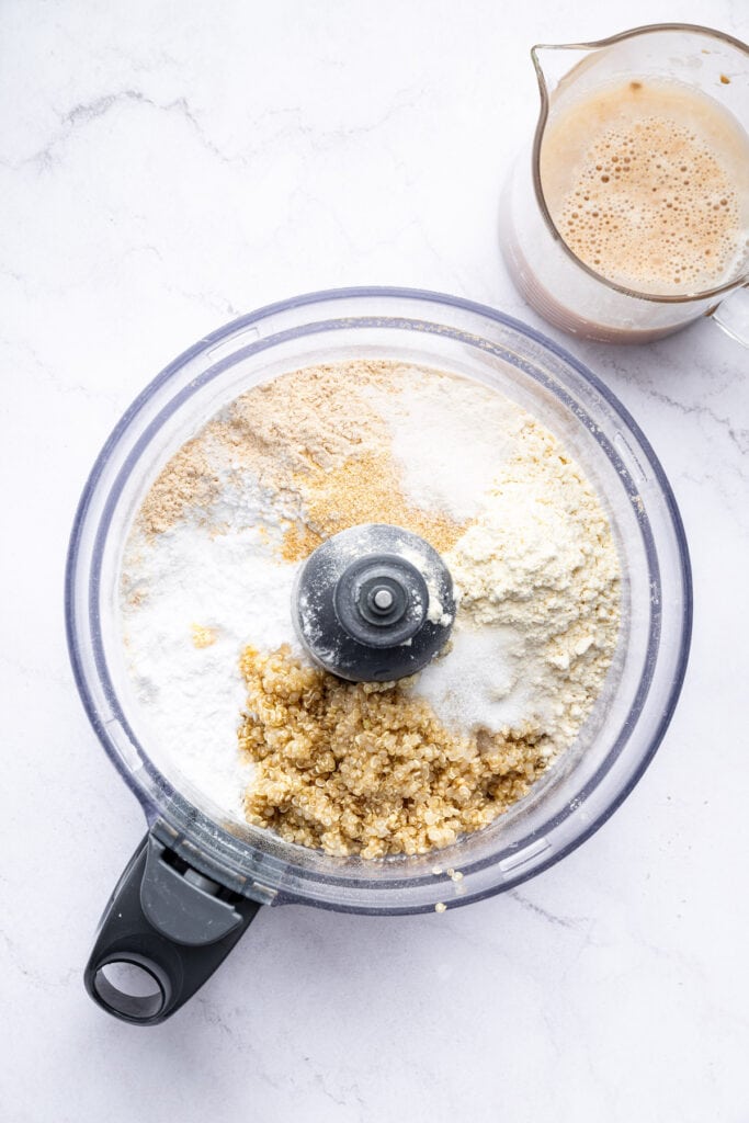 Ingredients for gluten-free naan in food processor before pulsing