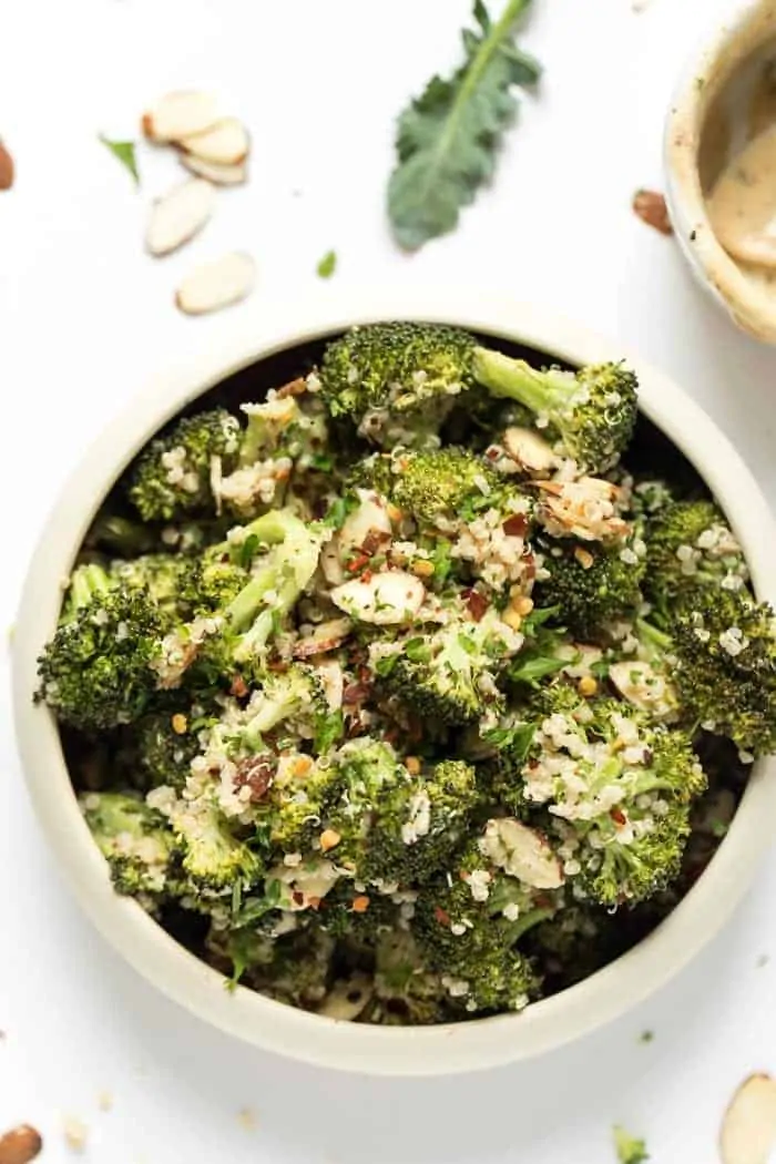 healthy broccoli quinoa salad with a vegan cashew dressing