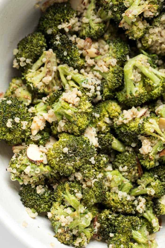 vegan broccoli quinoa salad with a creamy cashew dressing