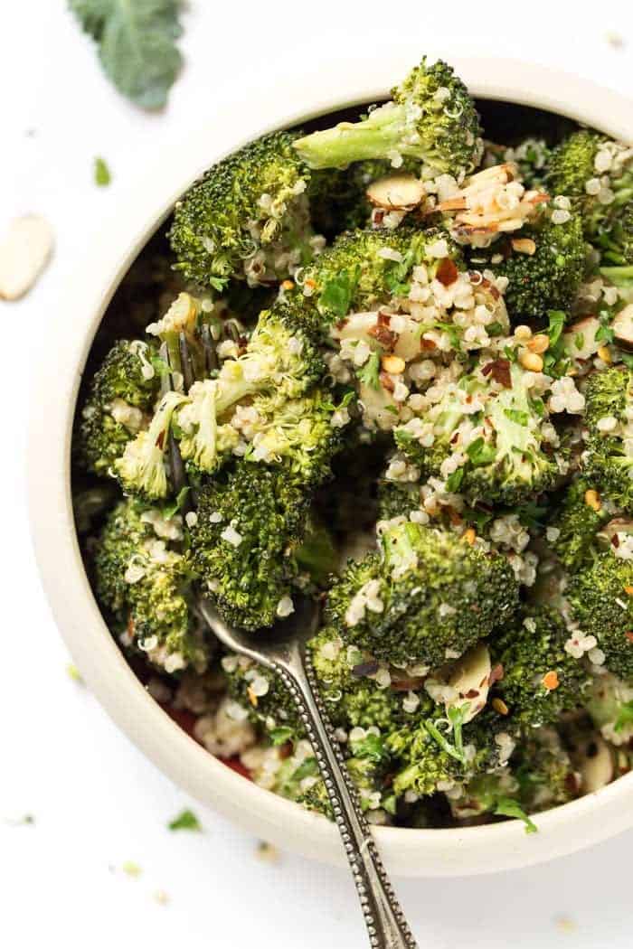 vegan broccoli quinoa salad with a creamy cashew dressing