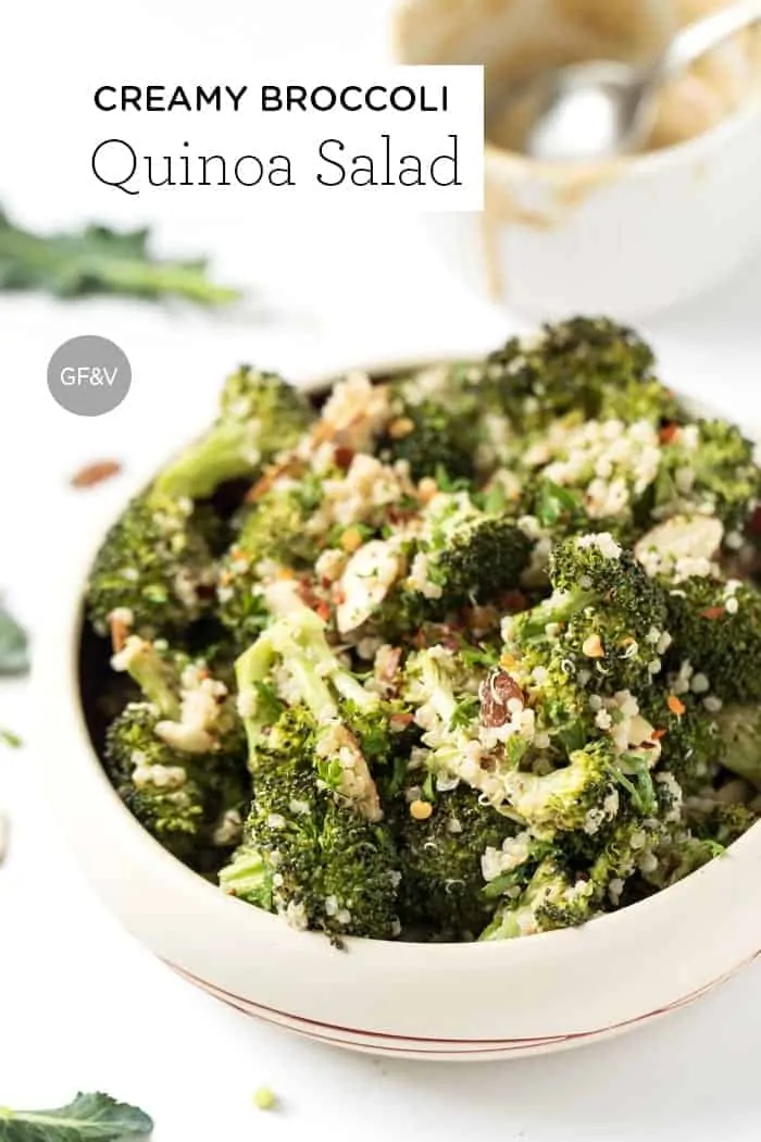 vegan broccoli quinoa salad with a creamy cashew butter dressing