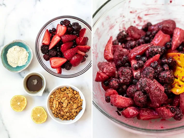 Side by side photos of the mixed berry crumble ingredients and the combined berry filling.