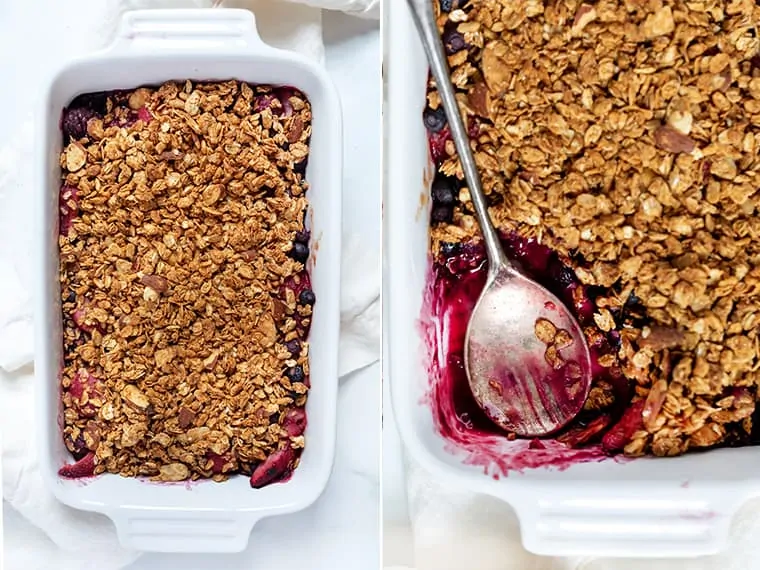 Overhead, side-by-side photos of an assembled and baked mixed berry crumble, and the corner of a crumble with a spoon and a portion missing.