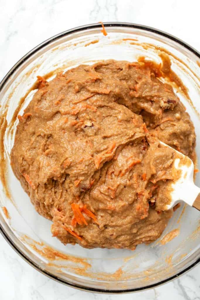 Overhead view of batter for gluten-free carrot cake