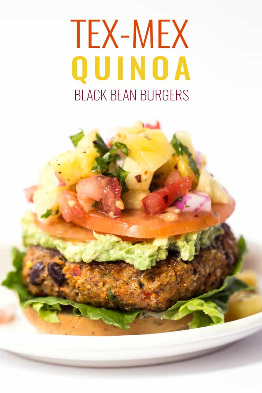 TEX MEX QUINOA BURGERS with corn, black beans and topped with a delicious pineapple salsa!
