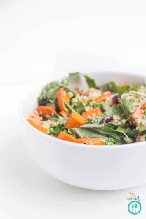 Autumn Quinoa Buddha Bowl Recipe drizzled with pomegranate dressing