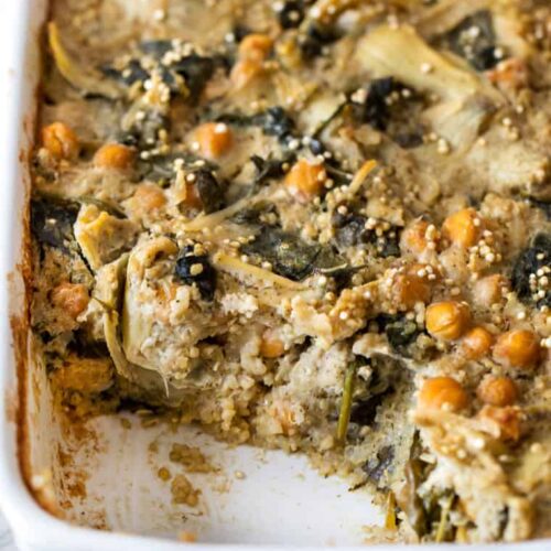 Vegan Quinoa Bake with Spinach & Artichokes