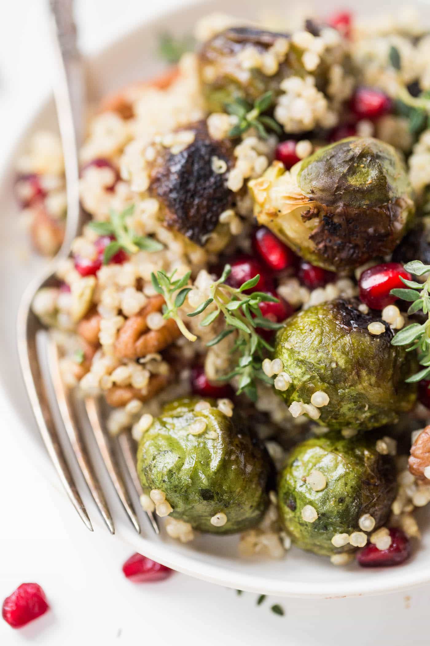 This AMAZING Roasted Brussels Sprout Quinoa Salad is the perfect side dish for your holiday feast. Simple, pretty, and oh so flavorful!