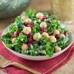 Kale, pomegranate, and quinoa salad on a plate.