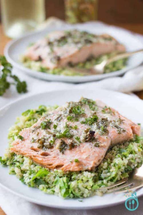 Roasted Garlic Salmon with Brussel Sprout Quinoa Salad - for a healthier start to your holiday feasting